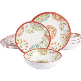 Brick Floral Ripple 12 Piece Melamine Dinnerware Set in Red