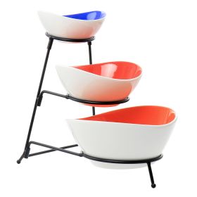 Crenshaw 4 Pc. Hand Painted Stoneware 3-Tier Serving Bowl Set w/Metal Rack