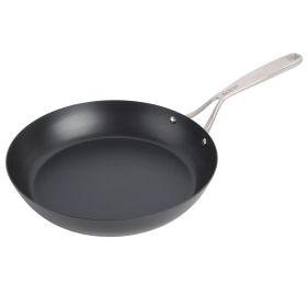 12 In. Round Blue Carbon Steel Double Riveted Fry Pan in Black