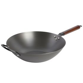 14 In. Carbon Steel Flat Bottom Wok in Black