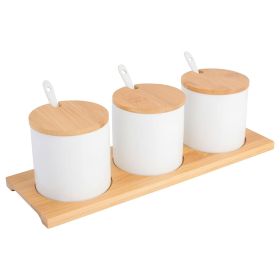 10 Pc. Fine Ceramic Condiment Jars w/Bamboo Lids & Spoons in White