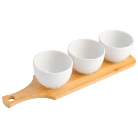 Gracious Dining 3 Pc. White Fine Ceramic Tidbit Bowl Set w/Bamboo Serving Tray