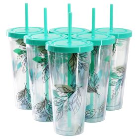 Tropical Sway Vineyard 6 Pc. 24 Oz. Plastic Tumbler Set w/Lid & Straw in Teal