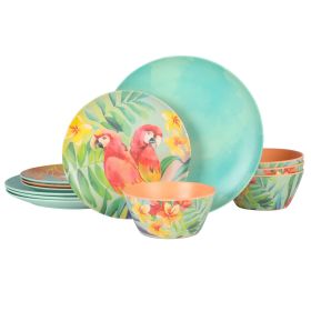 Tropical Parrots 12 Pc. Melamine Dinnerware Set in Assorted Designs