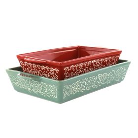 2 Pc. Tierra Wax Relief Stoneware Baker Set in Red and Mint