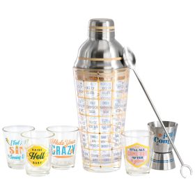 Bordertown Buzz 7 Pc. Glass Bar Collection w/Drink Recipe Shaker Set in Tan