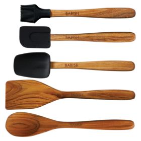 5 Pc. Wood and Silicone Essential Kitchen Tool Set in Brown