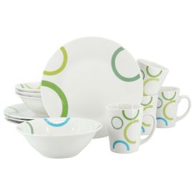 Green Loops 12 Pc. Round Fine Ceramic Dinnerware Set in White