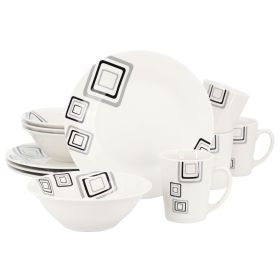 Black Squares 12 Pc. Round Fine Ceramic Dinnerware Set in White