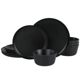 Gibson Home Fairhope 12 Piece Melamine Round Dinnerware Set in Matte Black