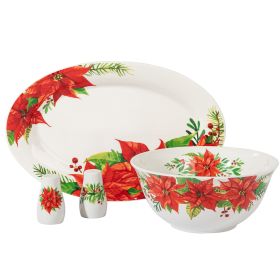 4 Pc. Ceramic Serving Set in White w/Poinsettia Decorations