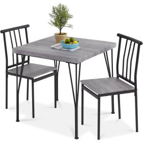 3-Piece Metal Frame Dining Set w/Grey Wood Top Table & Chairs