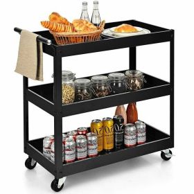 Black Steel Frame Kitchen Serving Utility Cart on Wheels w/2 Bottom Shelves