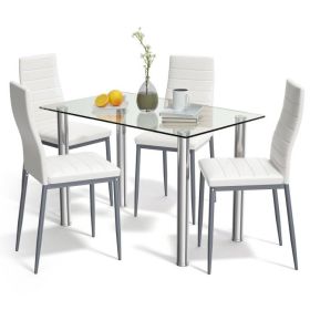 Dining Set w/Glass Top Table & 4 White PVC Leather Chairs