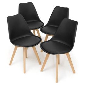 Set of 4 Modern Mid-Century Black PU Leather Dining Chairs w/Wood Legs