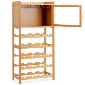 20-Bottle Freestanding Bamboo Wine Rack Cabinet w/Display Shelf and Glass Hanger Natural