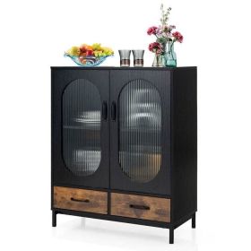 Modern Black Brown Metal Wood Sideboard Dining Buffet Cabinet w/Glass Doors