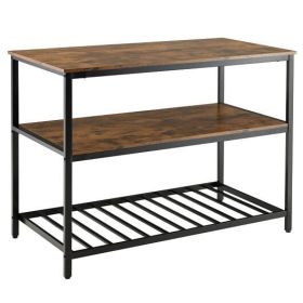 3 Shelves Industrial Prep Table w/Bottom Wine Rack-Rustic Brown