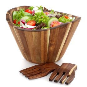 Large Acacia Wood Salad Bowl w/Serving Utensils