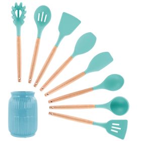 Light Teal Silicone & Wood Cooking Utensils, Set of 9