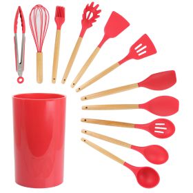 Red Silicone and Wood Cooking Utensils, Set of 12