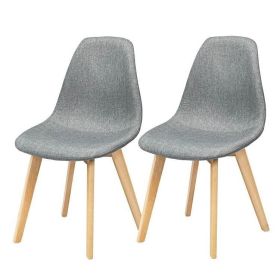 Set of 2 Mid-Century Modern Gray Linen Upholstered Dining Chairs w/Wood Legs