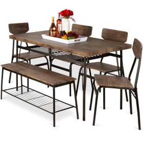 Modern 6-Piece Dining Set w/Brown Wood Top Table 4 Chairs & Bench