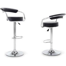 Set of 2 Modern Bar Stools w/Black Faux Leather Round Seat w/Footrest