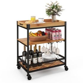 Metal Wood Shelf Kitchen Serving Cart w/Removable Top Tray