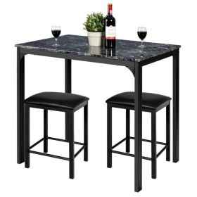 Dining Set Black Faux Marble Table Top & 2 Black Chairs/Stools