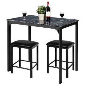 Modern 3-Piece Dining Set Black Faux Marble Table-Top & 2 Black Stools