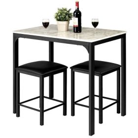 Modern 3-Piece Dining Set White Faux Marble Table-Top & 2 Black Stools