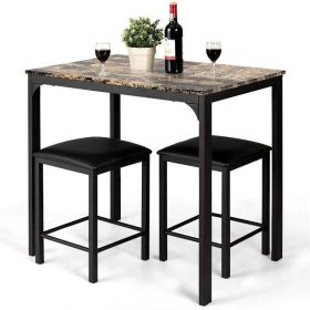 Modern 3-Piece Dining Set Brown Faux Marble Table-Top & 2 Black Stools