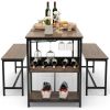 Metal Wood Dining Set w/2 Benches & Wine Rack