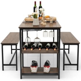 Metal Wood Dining Set w/2 Benches & Wine Rack