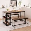 Metal Wood Dining Set w/2 Benches & Wine Rack