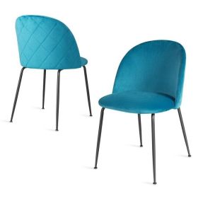 Set of 2 Modern Teal Blue Green Velvet Upholstered Dining Chair w/Metal Legs