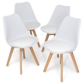 Set of 4 Modern Mid-Century White PU Leather Dining Chairs w/Wood Legs