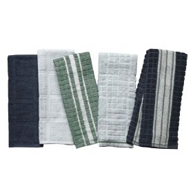 5-Piece Set Kitchen Towels, Navy, White, Green