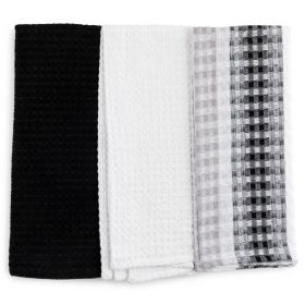 Cotton Waffle Kitchen Towels, Black White, 3-Piece Set