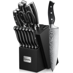 14 pcs German SS Knife Block Set w/Built-in Sharpener Black