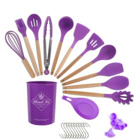 33pcs Set Wooden Handle Silicone Kitchen Utensils (Color: Purple)