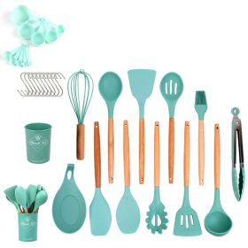 33pcs Set Wooden Handle Silicone Kitchen Utensils (Color: Dark Green)