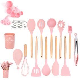 33pcs Set Wooden Handle Silicone Kitchen Utensils (Color: Pink)