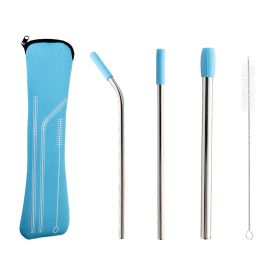 5pcs Set SS Straws w/Silicone Tips (Color: Blue)