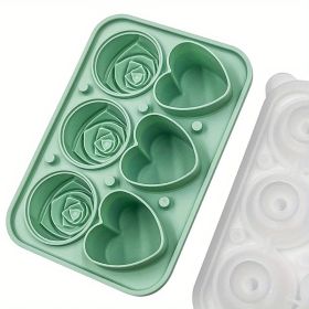 Rose & Heart Shaped Silicone Ice Cube Mold (Color: 3 Hearts 3 Roses Ice Tray-Mint Green)