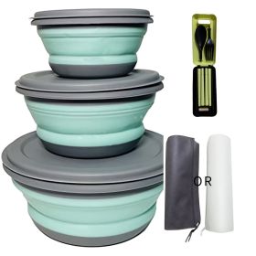 3pcs set Silicone Collapsible Lunch Bowl w/Lid (Color: Blue)