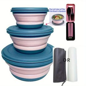 3pcs set Silicone Collapsible Lunch Bowl w/Lid (Color: Pink)