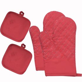 Silicone and Cotton Double-Layer Oven Mitts & BBQ Gloves (Color: Red)